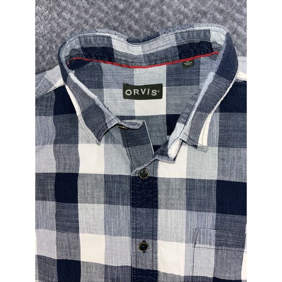 Orvis Shirt XL Mens Blue White Checkered Plaid Button Long Sleeve Cotton - Picture 1 of 13
